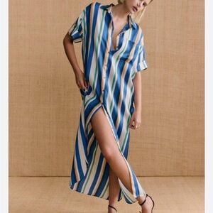 Sezane Blue and Cream Striped Maxi Dress